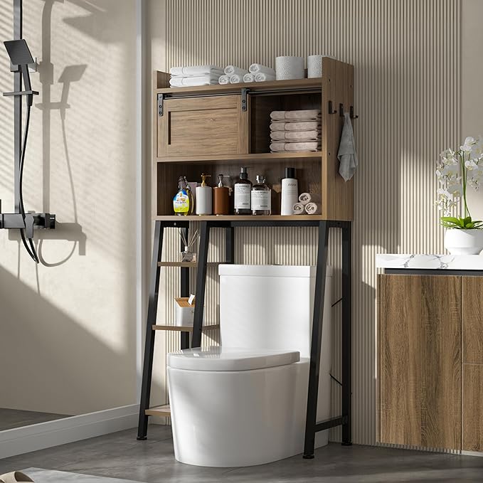 MU Over The Toilet Storage Cabinet with Sliding Door, 32.5" W Free Standing Toilet Shelf Space Saver with 3 Side Hooks & Anti-Tip Design, Space-Saving Toilet Rack for Bathroom, Laundry, Brown