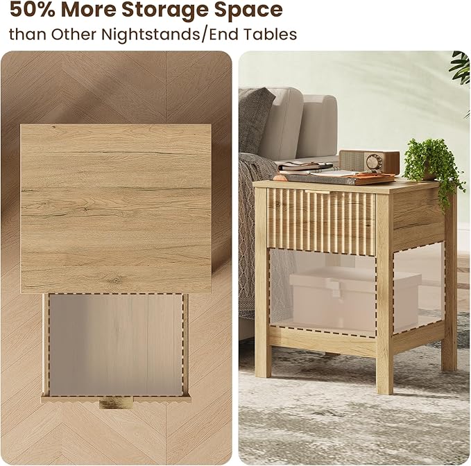 Fluted Night Stand with Golden Handle,Mid-Century Nightstands with Drawer,Modern Bedside Table with Storage Shelf,Large End Tables for Livingroom,Bed Side Tables for Bedroom,Natural Oak