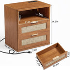 LEYAOYAO Rattan Nightstands Set of 2 with Charger Station, 23" Wide Boho Night Stand with 2 Drawers, Natural Wood Bedside Table Open Shlef, Bed Side End Table Dresser for Bedroom, Living Room Hallway