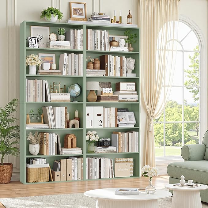 FOTOSOK 70.8" Tall Bookcase Shelf, 6 Tier Wide Bookshelf with Storage, Billy Bookcase Set of 2, Large Bookshelf for Living Room, Home Office,Green