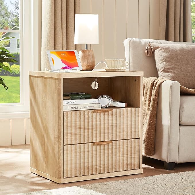 LEYAOYAO Fluted Nightstand Set of 2 with Charging Station,23" Modern Nightstand with Woodgrain Top, 2 Drawer End Table w/Storage, BedsideTables for Bedroom, Living Room, Curved Profile,Wood