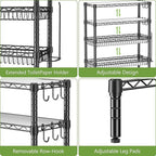 4-Tier Over The Toilet Storage, Bathroom Shelves with 6 Hooks, Metal Over Toilet Organizer with Adjustable Shelf and Basket, Freestanding Rack Space Saver for Bathroom, Laundry, Black