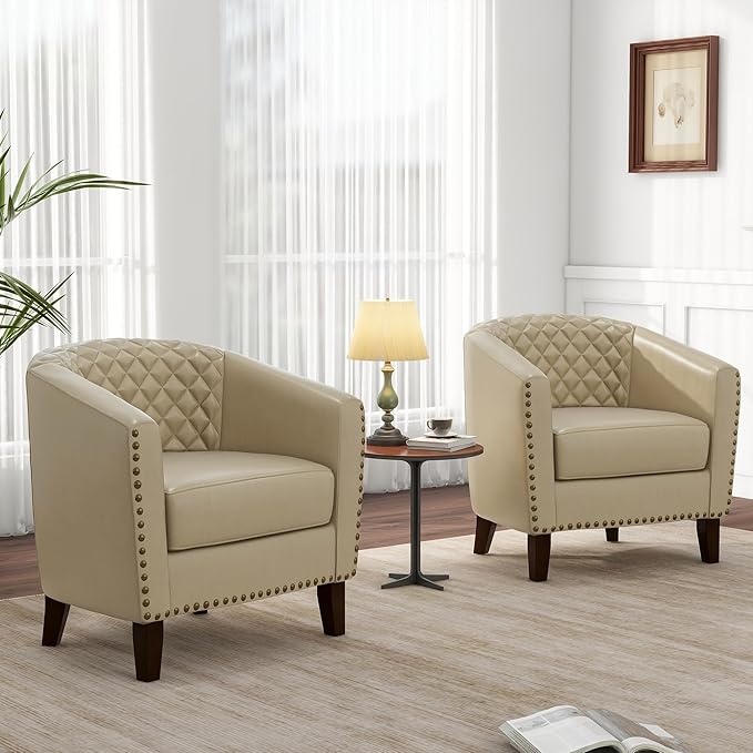 Pia Ricco Faux Leather Barrel Accent Chair, Modern Club Arm Chair Comfy Upholstered Single Sofa Chair with Solid Wood Legs and Nailhead Trim for Living Room/Reading Room, Beige