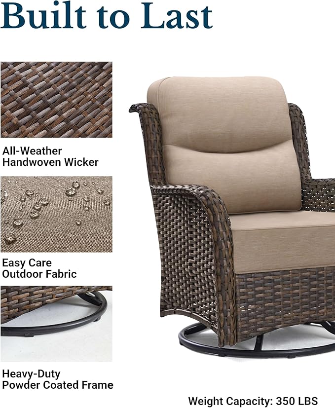 HILLGA Luxury Patio Furniture Set with 6-Inch Thick Cushions, High Back Outdoor Swivel Rocker Chairs and Table, 3-Piece All Weather Conversation Set for Porch Deck Balcony Yard, Beige (V3)