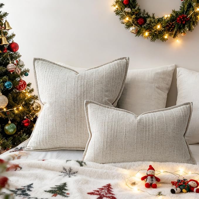 a moment Linen Pillow Covers Set of 2,Boho Farmhouse Throw Pillowcases Neutral Textured Decorative Covers for Couch Sofa Bed, Soft Linen Blend Accent Case Cushion Christmas Home Decor 18"x18"Ivory