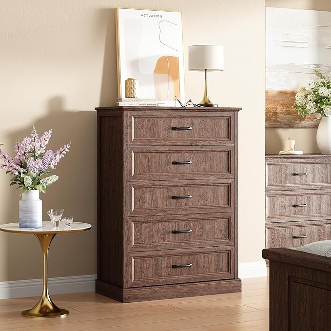 CARPETNAL Farmhouse Dresser and Nightstand Sets for Bedroom, 4 Pcs Bedroom Set, 5 Drawer & 9 Drawer Dresser and Nightstand Set of 2, Wood Chest of Drawers for Living Room, Entryway, Brown
