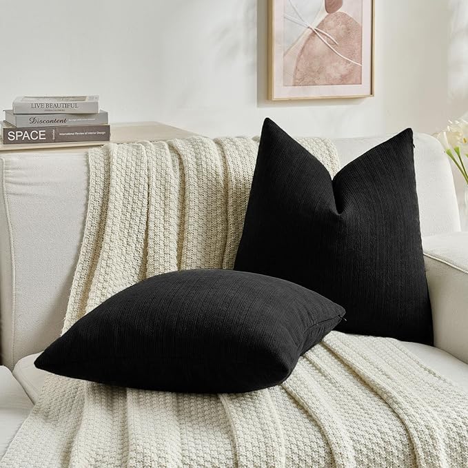 FUTEI Black Decorative Throw Pillow Covers 24x24 Inch Set of 2,Soft Cozy Wheat Ear Striped Patterns European Cushion Cases,Modern Home Decor for Couch Bed Living Room