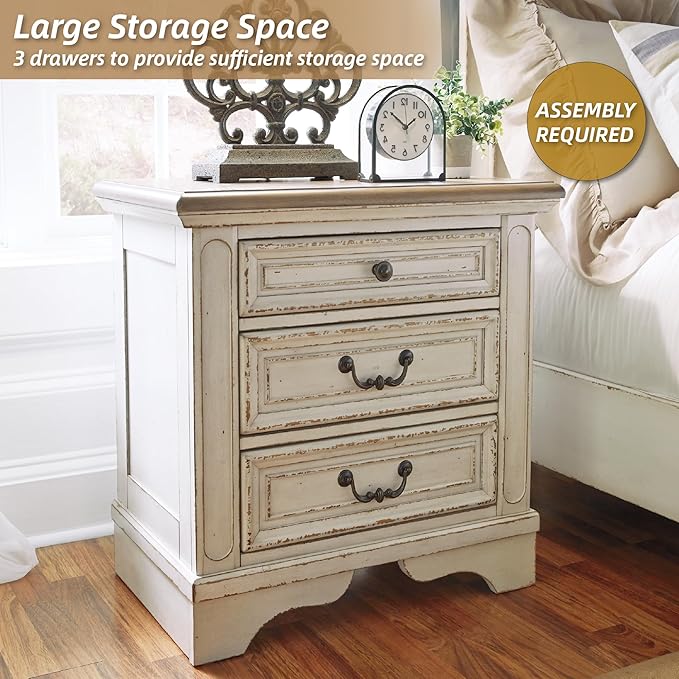 Signature Design by Ashley Realyn French Country 3 Drawer Nightstand with Electrical Outlets & USB Ports, 27.75" Tall, Chipped White