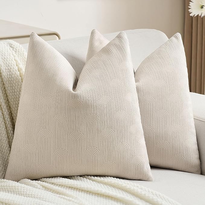 FUTEI Beige Chenille Decorative Throw Pillow Covers 24x24 Inch Set of 2,Soft Cozy Striped Geometric Patterns European Cushion Case,Modern Home Decor for Couch Bed Living Room