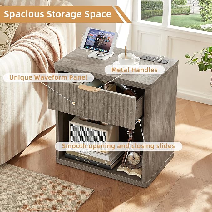 LEYAOYAO Fluted Farmhouse Nightstand Set of 2 with Charging Station, 23" Wide 1 Drawers End Table,Grey Dresser for Bedroom,Bed Side Table Chest of Drawers Cabinet,Wood Night Stand for Living Room
