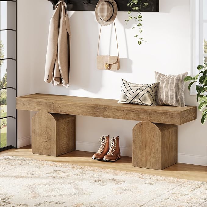 Tribesigns Entryway Bench, 59" Long Shoe Bench with Arched Bases, Wooden Indoor Bench for Entry Way, Living Room, Bedroom (Brown)