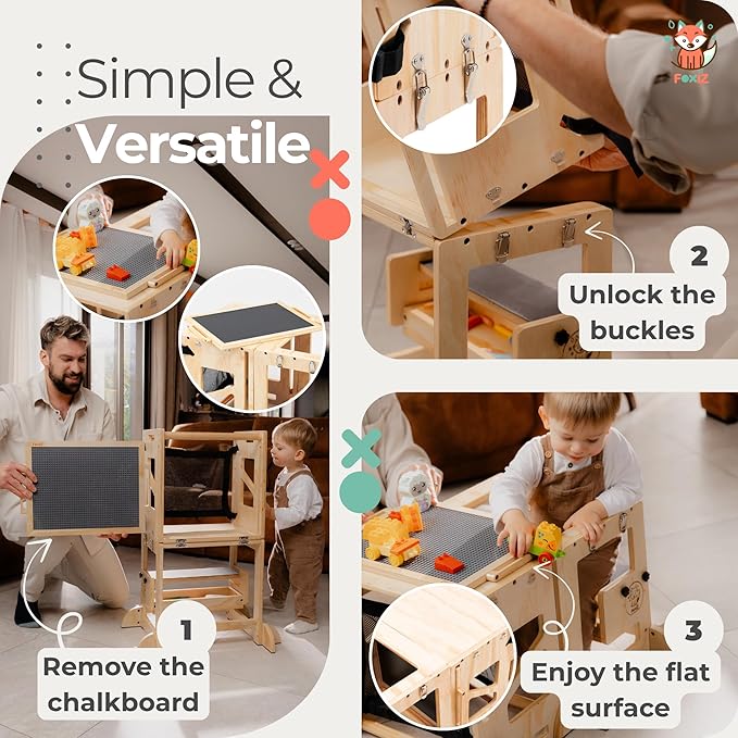 4-in-1 Montessori Smart Learning Tower – Convertible Toddler Step Stool, Activity Table & Chalkboard Center, Adjustable Height with Safety Net – Premium Eco-Friendly Wooden Design for Kids 1–3