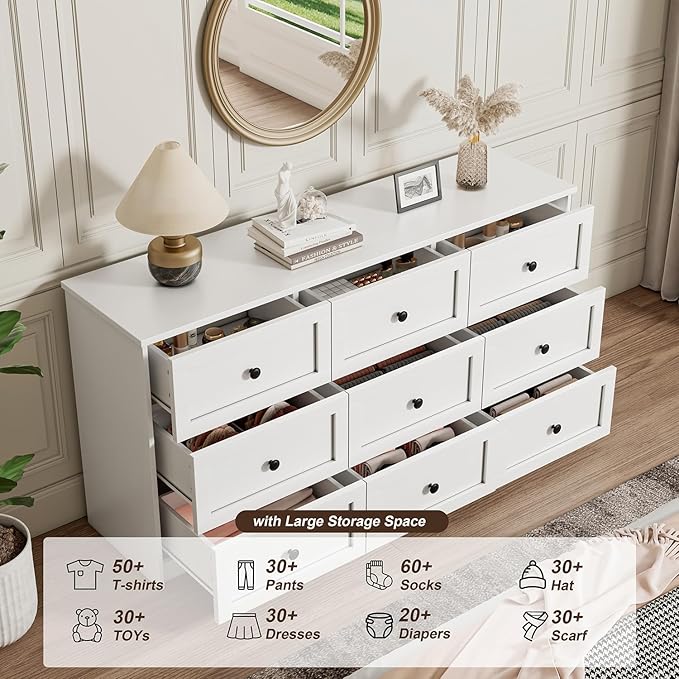 Dresser for Bedroom, 59.1" Wide White Dressers, Large Dressers & Chests of Drawers with Large Capacity for Bedroom, Hallway, Entryway, Closet