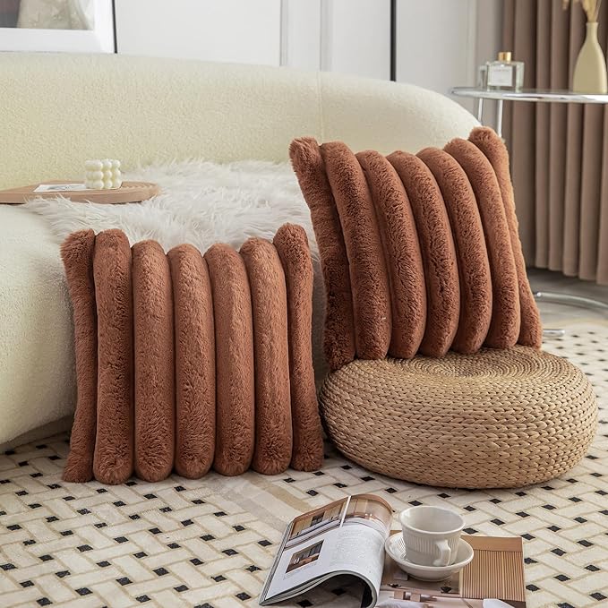 Neelvin Brown Faux Fur Cozy Soft Stripe Decorative Throw Pillow Covers 12x20 inch Set of 2,Velvet Pillowcase Cushion Case for Sofa Couch
