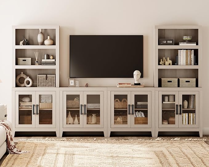 WAMPAT Farmhouse Entertainment Center with Bookshelves, 4-Piece Modular TV Stand with Storage Towers, Glass Doors, Open Shelves, Media Console for Living Room, Home Theater, Beige