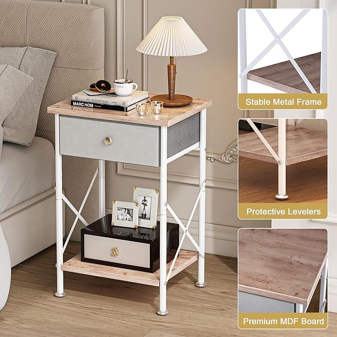 VECELO End Tables, Modern Nightstand with Fabric Drawer & Open Shelf, Night Stand for Bedroom Living Room, Industrial Metal Frame, Easy Assembly, Light Brown,2 Pack