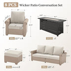 Patio Furniture Set 8 pcs, Wicker Rattan Outdoor Furniture with 5.5" Thick Waterproof Cushions, and 56" Fire Pit Table, All Weather Outdoor Conversation Set for Backyard Deck, 9 Seats Beige