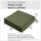 Classic Accessories Montlake Water-Resistant 25 x 25 x 5 Inch Square Outdoor Seat Cushion, Patio Furniture Chair Cushion, Heather Fern Green, Outdoor Cushion Cover