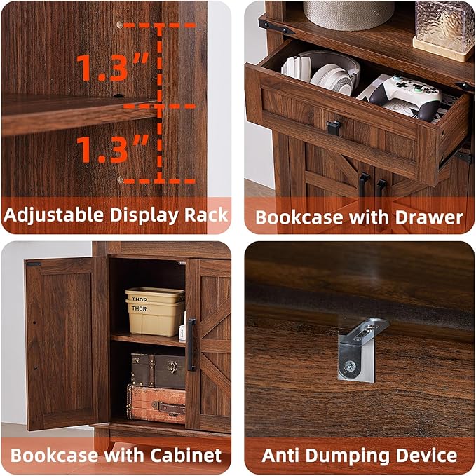 72in Tall Bookshelf 7 Tier Bookcase with Drawer and Barn Doors and Adjustable Shelves, Brown Farmhouse Book Shelf with Storage Cabinet, Wood Freestanding Display Bookshelves for Kitchen (3PCS)