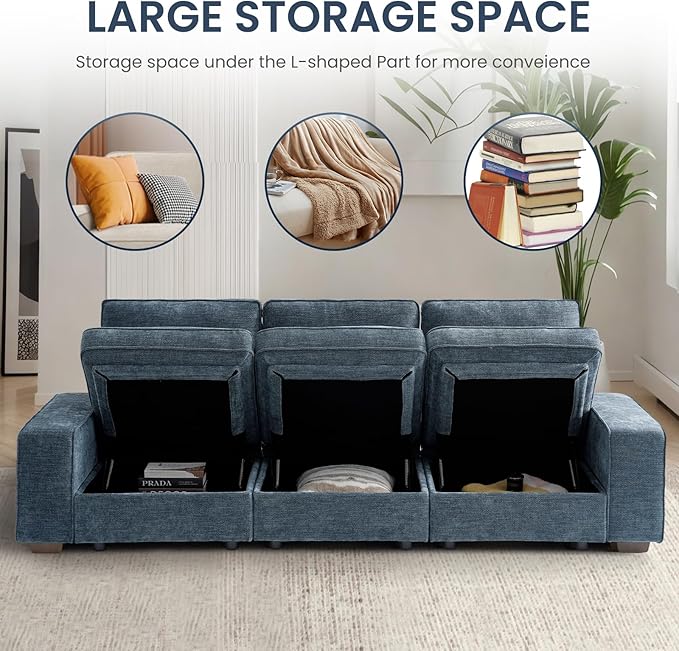 TEKAMON 45" Accent Chair with Seat Storage, Oversized Single Sofa Chair, Modern Chenille Fabric Armchair for Living Room/Office with Wide Armrests, Side Pockets, USB Charging Washable Covers(Blue)