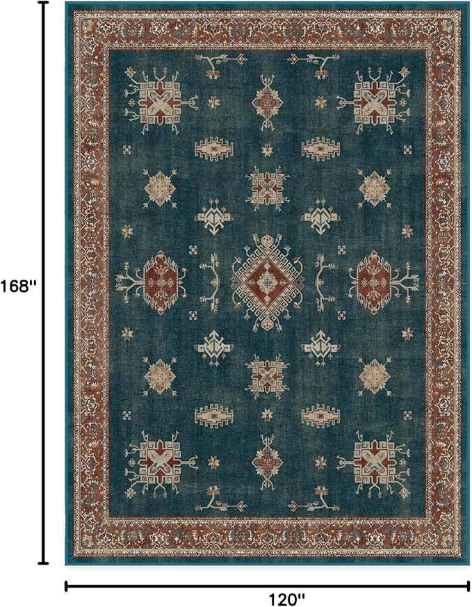 RUGGABLE Washable Vintage Area Rug – Verena Teal Blue 10x14, Stain-Resistant, Non-Slip – Large Machine Washable Rugs for Living Room, Bedroom, Hallway, Entryway & Office–with Standard Pad