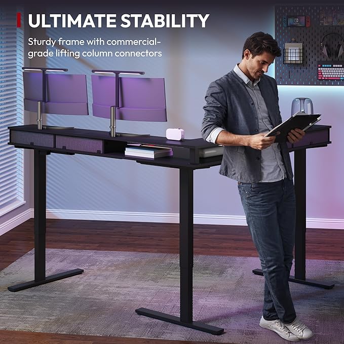 SANODESK 63" L Shaped Standing Desk with 3 Drawers, Height Adjustable Stand up Desk, Corner Gaming Desk with Monitor Stand, Black Frame/Black Top
