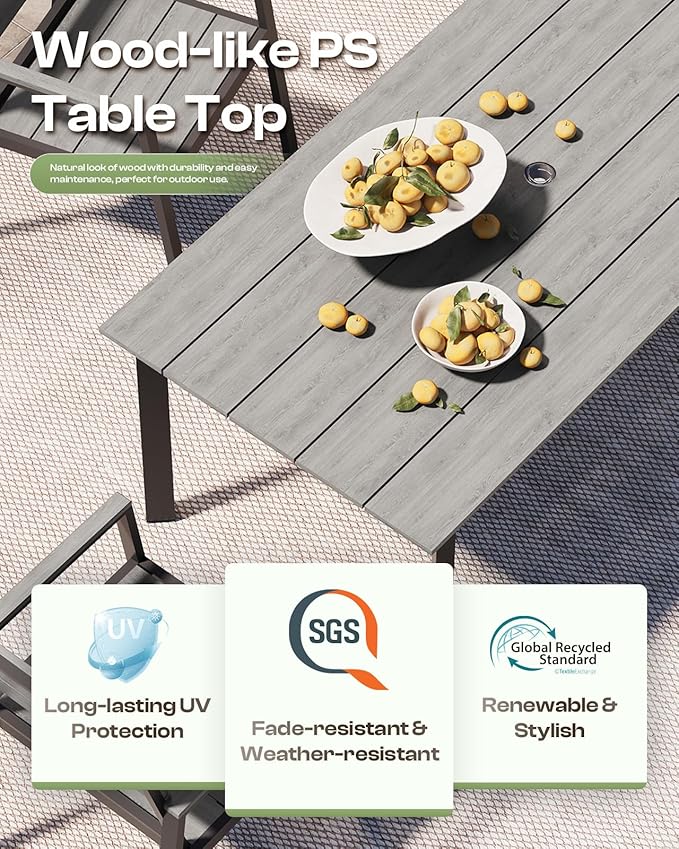 67" Rectangle HDPS Patio Dining Table, Aluminum Outdoor Patio Dining Table with Umbrella Hole, Weather-Resistant for Lawn, Garden, Yard, Poolside and Indoor Use, Gray