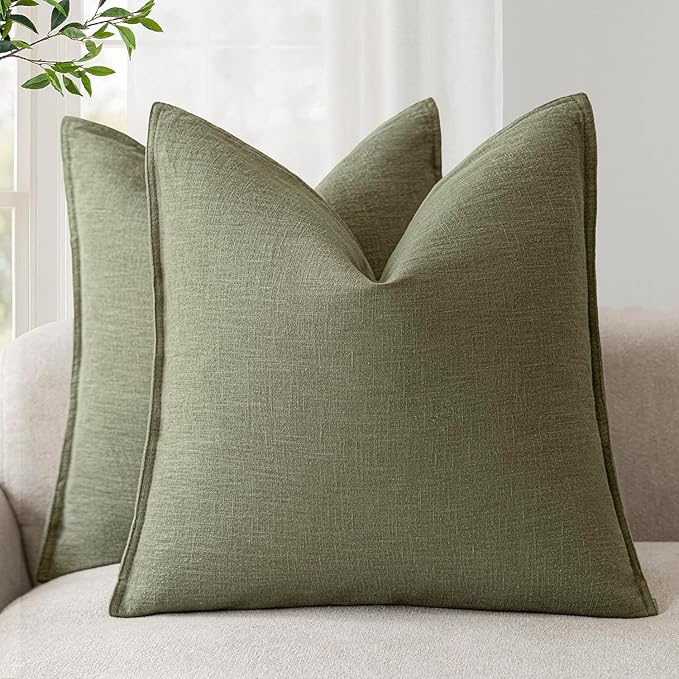 Foindtower Pack of 2, Decorative Linen Soild Throw Pillow Covers Soft Accent Cushion Case Farmhouse Neutral Pillowcase for Chair Couch Sofa Bedroom Living Room Home Decor 22x22 Inch Olive Branch Green
