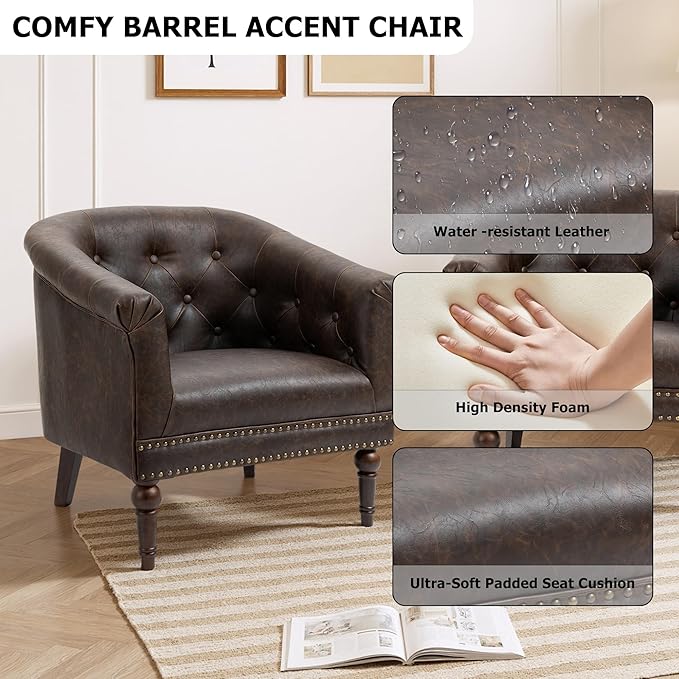 Lumibee Faux Leather Barrel Chair, Upholstered Accent Chair for Living Room, Modern Comfy Club Armchair for Office, Bedroom, Waiting Room-Chocolate