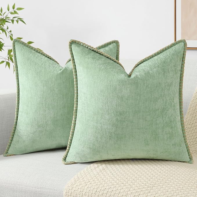 decorUhome Christmas Chenille Soft Throw Pillow Covers 20x20 Set of 2, Farmhouse Velvet Neutral Decorative Euro Pillow Covers with Stitched Edge for Couch Sofa Bed Home Decor, Sage Green