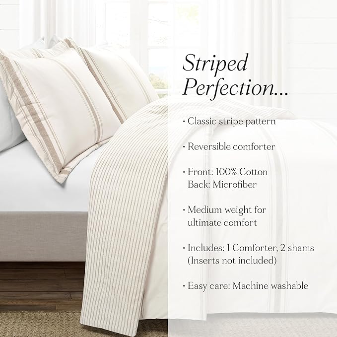 Lush Decor Farmhouse Stripe Reversible Cotton Comforter Set, 3 Piece Set, Full/ Queen, Neutral - Cozy Farmhouse Bedding Set - Rustic Decor - Striped Comforter - Modern Farmhouse Bedroom Decor