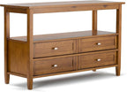 SIMPLIHOME Warm Shaker Console Table - 48 Inch Wide Solid Wood Sofa Table in Light Golden Brown, Transitional Storage for Living Room with 4 Drawers, Open Shelf, and Brushed Nickel Knobs