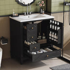 Bathroom Vanity with Ceramic Sink 30 inch, Multi-Functional Storage Cabinet with Drawers and Door Shelf, Solid Wood Frame, Soft-Closing Door, Black