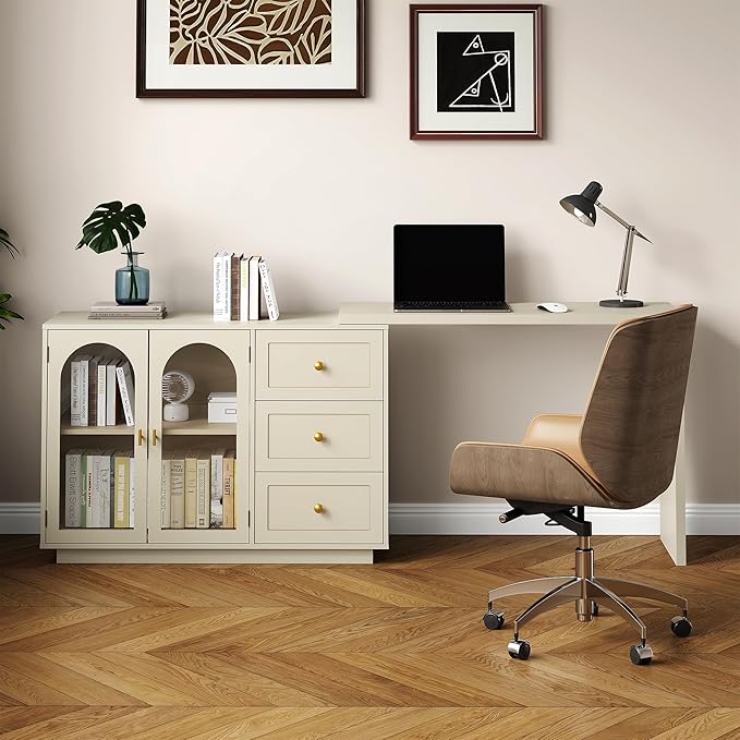 RoyalCraft L Shaped Home Office Desk, Large Extendable and Rotatable Desk with 3 Drawers and 2 Doors, Corner Computer Desk, Modern Study Writing Table for Bedroom, Home Office, Beige