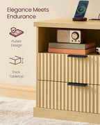 VASAGLE MAXE Collection - Nightstand with Charging Station, Fluted Night Stand, Bedside Table, Mid Century Modern Side End Table, 2 Drawers, 2 AC Outlets, 2 USB Ports, Oak Beige ULET626Y01S