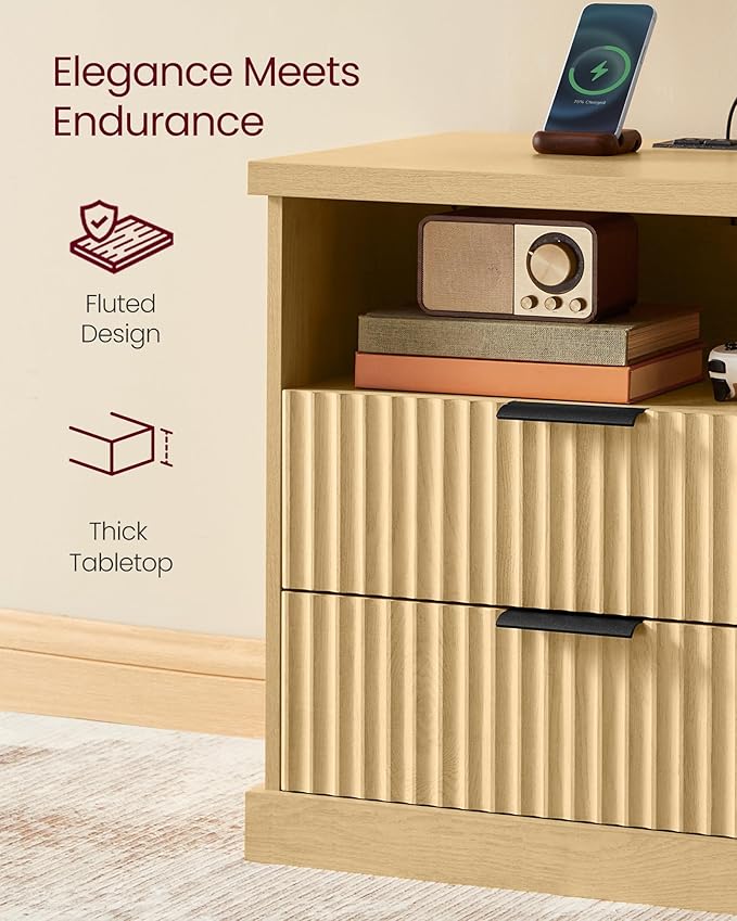 VASAGLE MAXE Collection - Set of 2 Nightstands with Charging Station, Fluted Night Stand, Bedside Table, Mid Century Modern Side End Table, 2 Drawers, 2 AC Outlets, 2 USB Ports, Oak Beige ULET926Y01