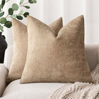 Foindtower Pack of 2 Textured Chenille Throw Decorative Pillow Covers Square Accent Solid Cushion Cover Neutral Farmhouse Pillow Case for Couch Sofa Bedroom Living Room 24x24 Inch,Taupe Khaki Camel