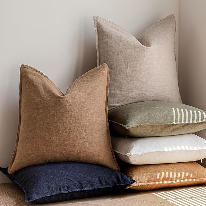 Foindtower Pack of 2, Decorative Linen Soild Throw Pillow Covers Soft Accent Cushion Case Boho Farmhouse Pillowcase for Chair Couch Sofa Bedroom Living Room Home Decor 20 x 20 Inch Light Khaki Brown