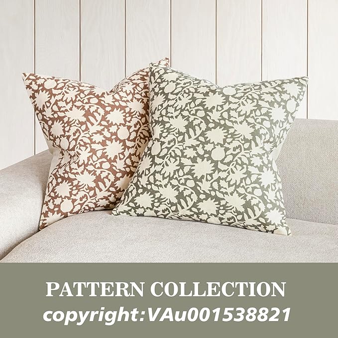 Foindtower Set of 2 Decorative Neutral Floral Throw Pillow Covers Accent Farmhouse Cushion Covers Boho Vintage Pillowcase for Couch Sofa Bedroom Living Room Home Decor,22×22 Inch,Sage Green