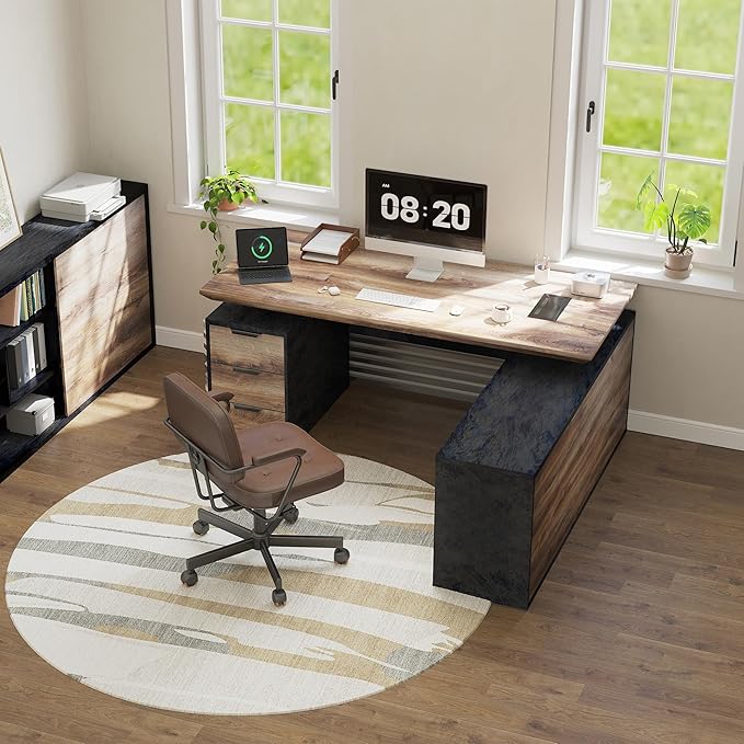 70.87" L Shaped Standing Executive Desk and 63" lateral File Cabinet, Large Adjustable Heigh Office Computer Desk with 3 Drawers,2.3" Desktop,Business Workstation,Black and Warm Oak