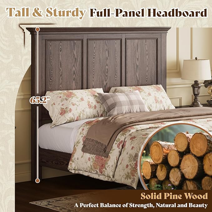 AMERLIFE Solid Wood Queen Bed Frame with 65.2" High Headboard, Traditional Platform Bed with Heavy Duty Slats, No Box Spring Needed, Easy Assembly, Dark Brown