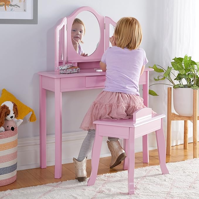 Guidecraft Pink Vanity and Stool Set for Kids Age 3-8, Pretend Play Makeup Table with Mirrors and Chair for Girls, Wooden Princess Toy Vanity Desk Playset with Storage Drawer