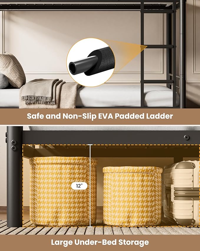 Full Over Full Bunk Bed, Convertible into 2 Full Beds, Heavy-Duty Metal Bed Frame with Safety Full-Length Guardrails & EVA Padded Ladder for Adults, Teens, Kids, No Box Spring Needed, Black