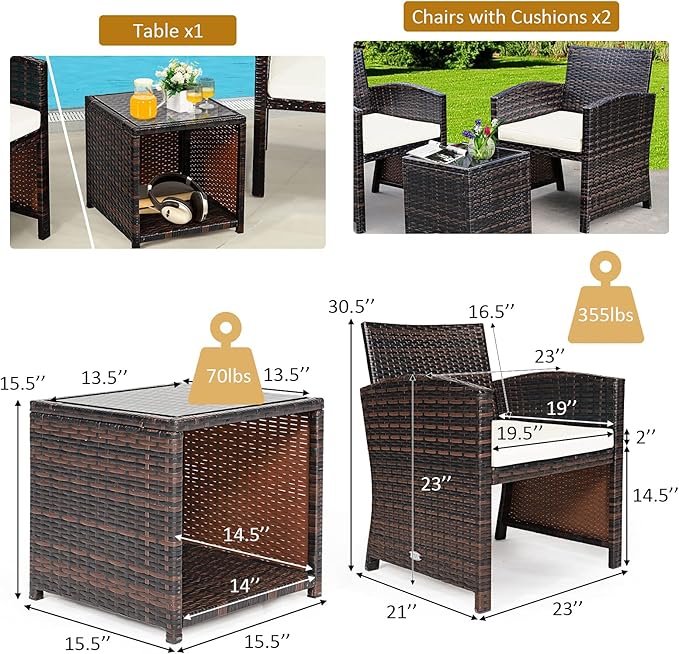 COSTWAY 3 Pieces Patio Furniture Sets, Outdoor Rattan Conversation Set with Tempered Glass Tabletop and Soft Cushion, Wicker Cushioned Chair Sofa for Backyard, Porch, Poolside, Lawn, White