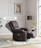 27" Oversized Power Recliner Chair, Faux Leather Rocking Chair with Heat & Massage, 360° Swivel Modern Electric Recliner with Cup Holder ＆ USB Charging for Living Room, Bedroom, Nursery - Coffee
