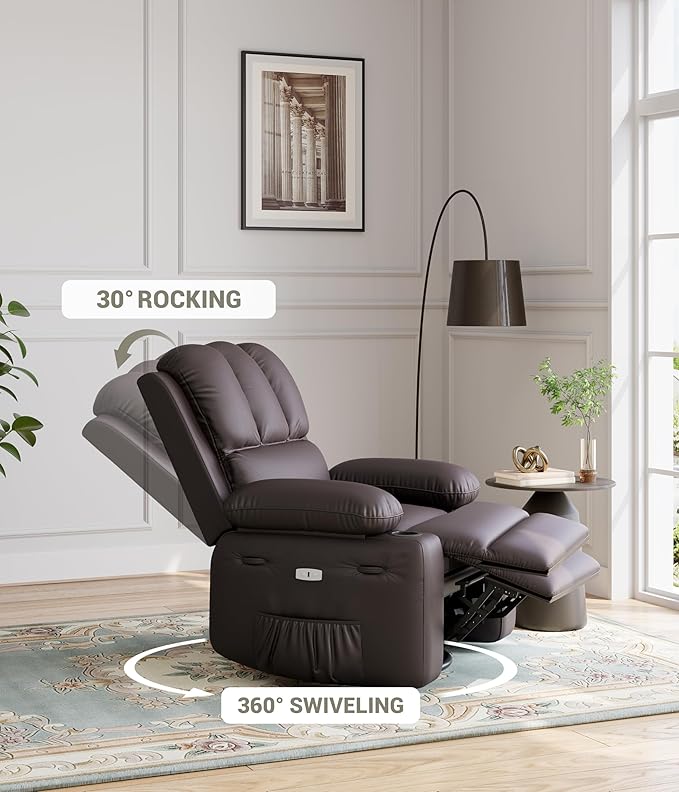 27" Oversized Power Recliner Chair, Faux Leather Rocking Chair with Heat & Massage, 360° Swivel Modern Electric Recliner with Cup Holder ＆ USB Charging for Living Room, Bedroom, Nursery - Coffee