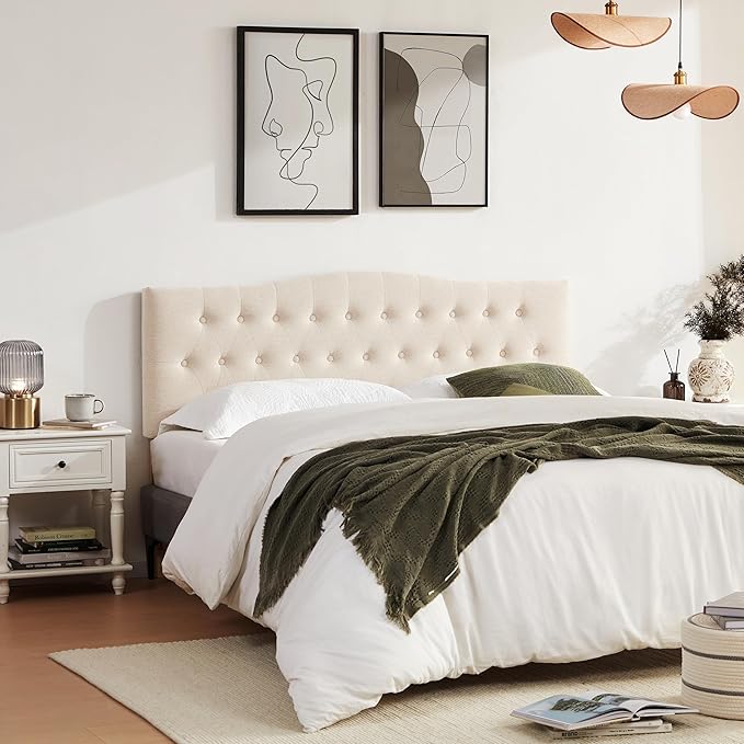 Tufted Upholstered Headboard King Size, Sturdy and Durable Solid Wood Bed headboard, Fabric Headboard Adjustable Height from 37” to 51”, Modern Button Diamond Design Head Board, Beige