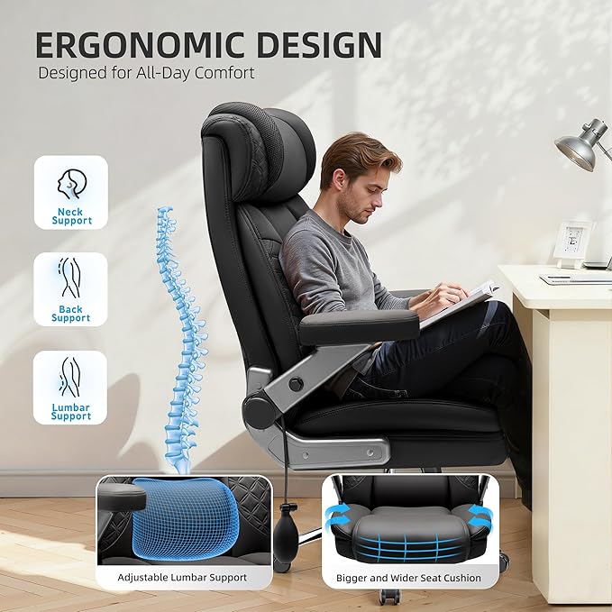 Big and Tall Office Chair, Desk Computer Chair for Heavy People, Oversized Executive Gaming Chair, Extra Wide 500LBS Ergonomic Comfy Office Chair with Adjustable Lumbar Support & 5D Flip Arms