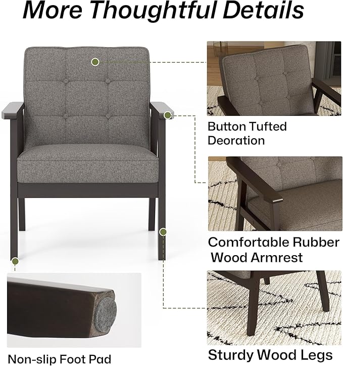 Modern Accent Chair with Arm Rest, Upholstered Linen Fabric Leisure Chair Comfy Side Chair with Backrest Button and Wooden Frame for Living Room Bedroom Reading(Gray)