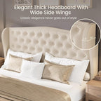 LARMACE Queen Size Bed Frame Velvet Upholstered Platform Bed with Wingback Headboard & Footbaord, Deep Button Tufted Bed Frame with Wood Slats Support, No Box Spring Needed, Beige